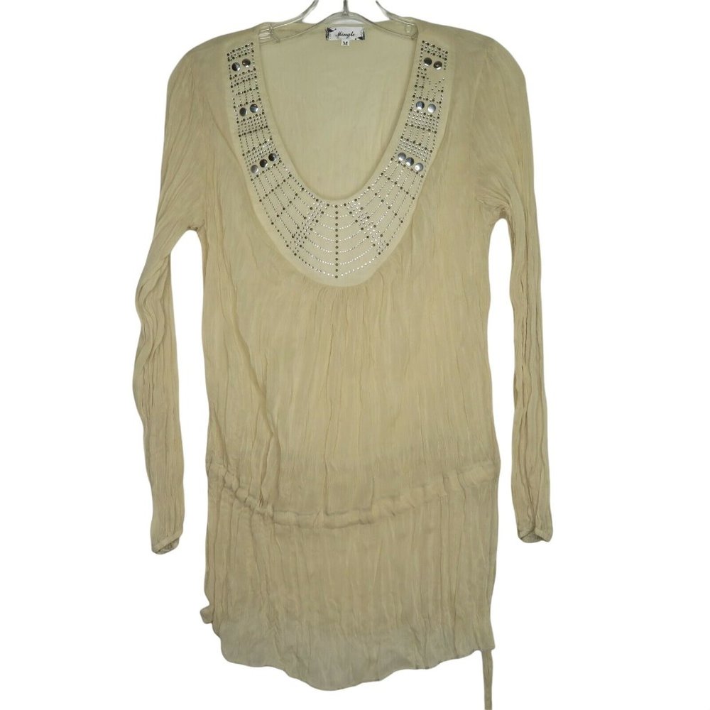 Mingle Sheer Crinkled Silk Tunic Top Embellished Neckline Tie Drop Waist